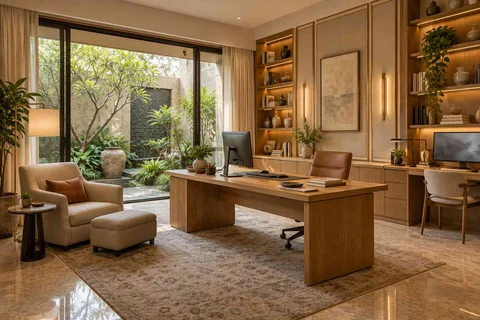 AI-generated home office concept: courtyard office suite, quiet transitional direction