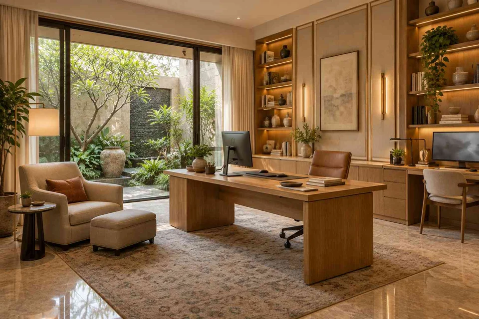 AI-generated home office concept: courtyard office suite, quiet transitional direction