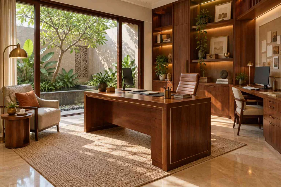 AI-generated home office concept: courtyard office suite, rosewood brass direction