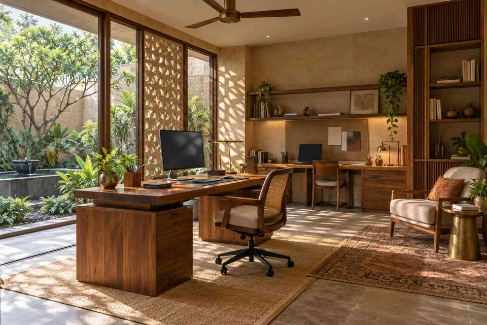 AI-generated home office concept: courtyard office suite, sandstone lattice direction