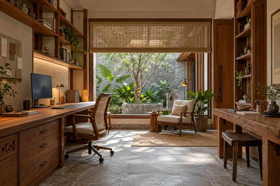 AI-generated home office concept: courtyard office suite, teak craft direction