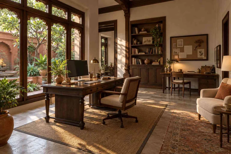 AI-generated home office concept: courtyard office suite, terracotta heritage direction