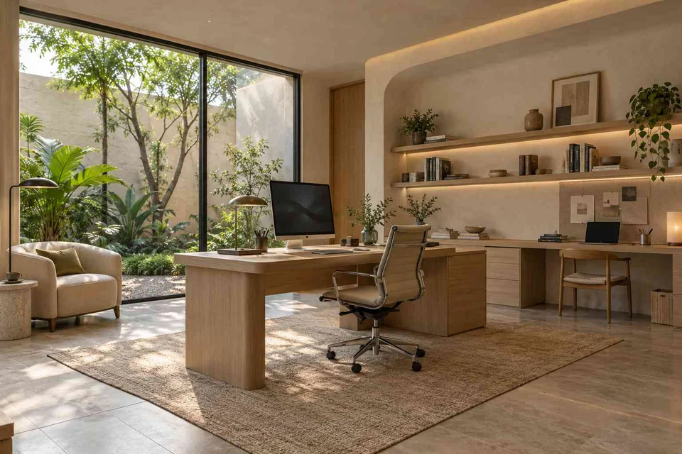 AI-generated home office concept: courtyard office suite, textured mineral direction