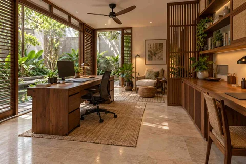 AI-generated home office concept: courtyard office suite, tropical slatted direction