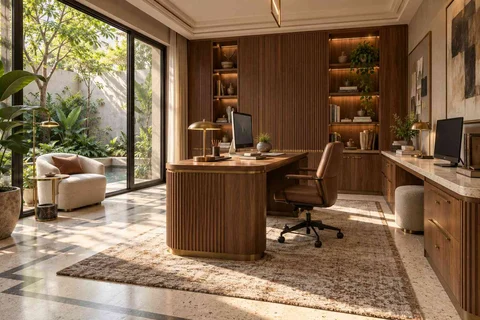 AI-generated home office concept: courtyard office suite, urban deco direction