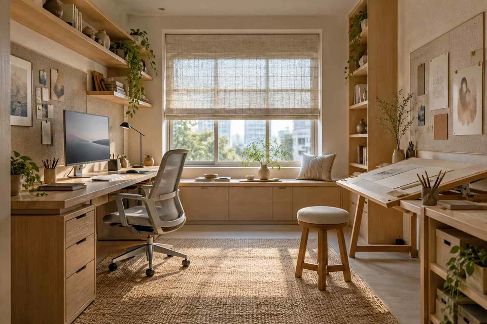 AI-generated home office concept: creative work studio, ash and linen direction
