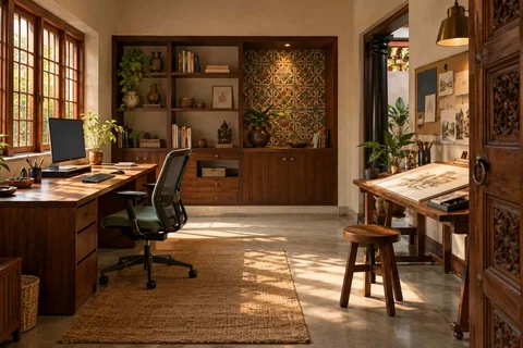 AI-generated home office concept: creative work studio, chettinad tile direction