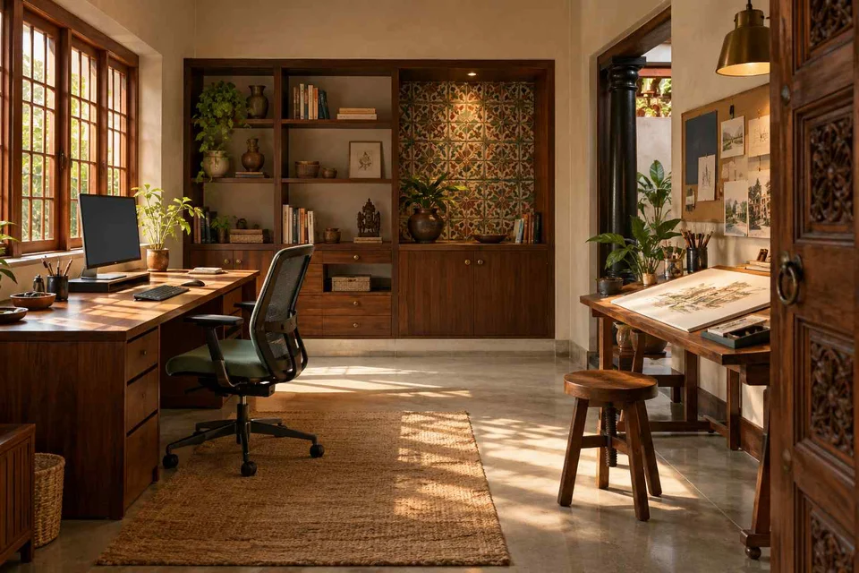 AI-generated home office concept: creative work studio, chettinad tile direction
