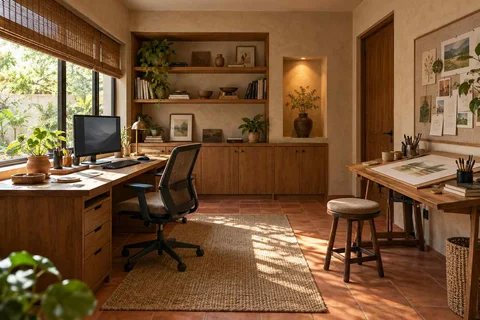 AI-generated home office concept: creative work studio, clay artisan direction
