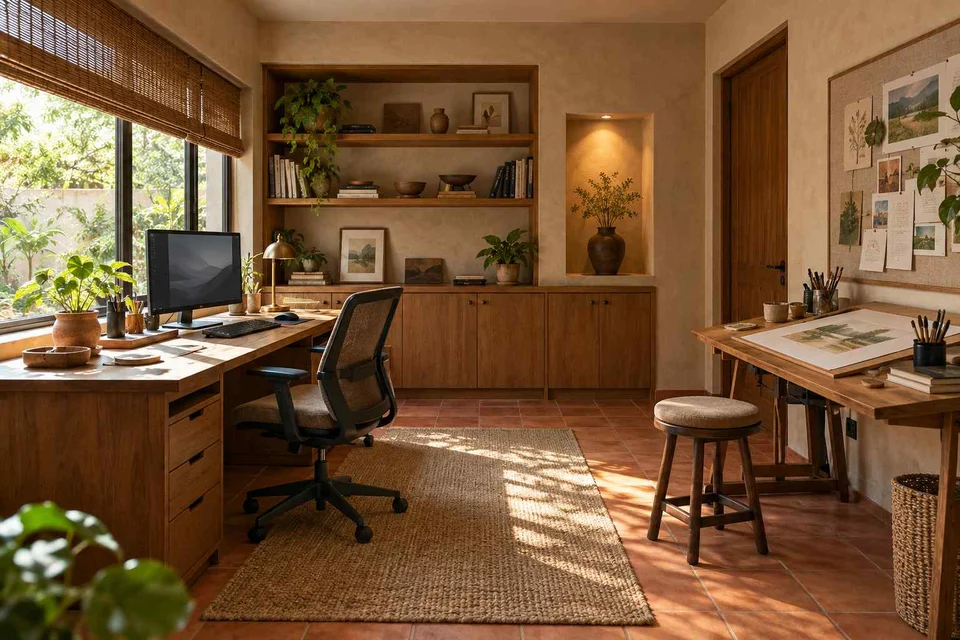 AI-generated home office concept: creative work studio, clay artisan direction