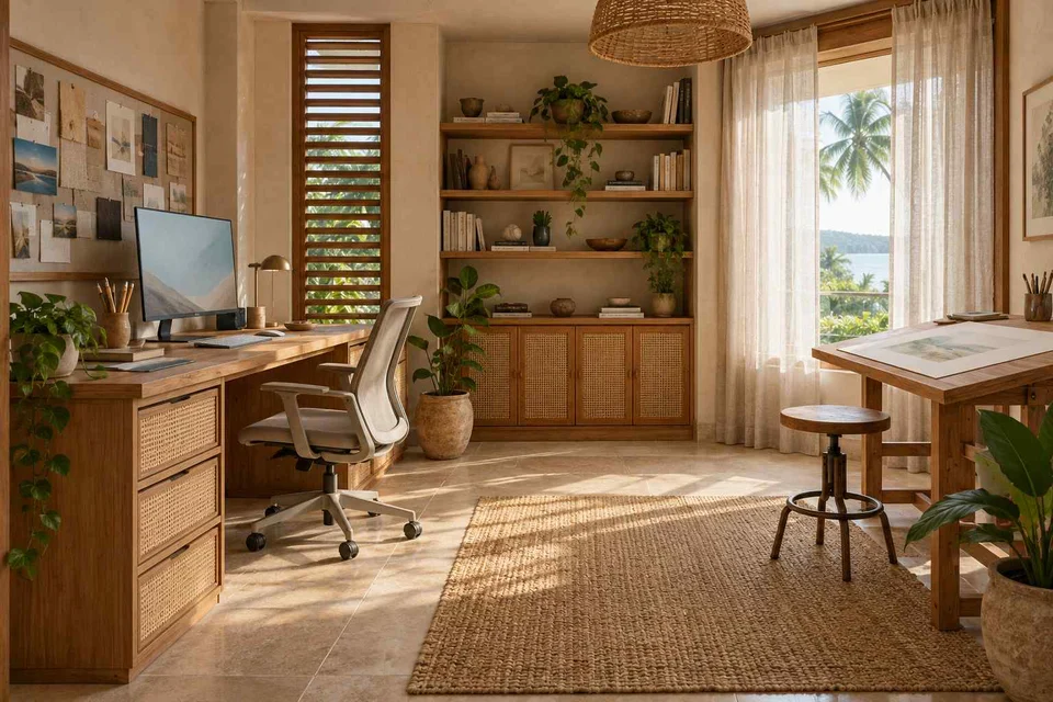 AI-generated home office concept: creative work studio, coastal woven direction