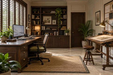AI-generated home office concept: creative work studio, colonial quiet direction