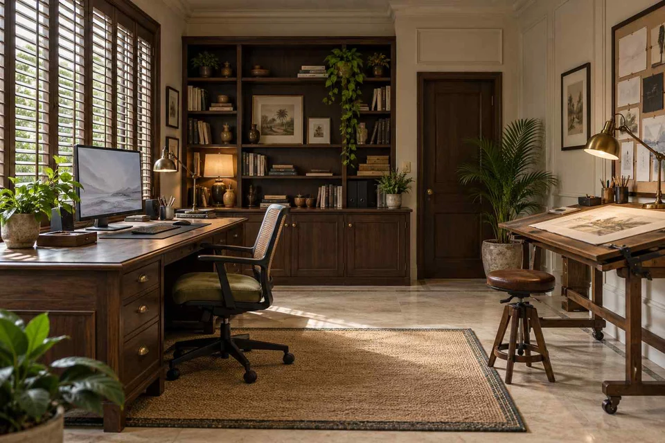 AI-generated home office concept: creative work studio, colonial quiet direction