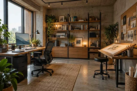 AI-generated home office concept: creative work studio, concrete and oak direction