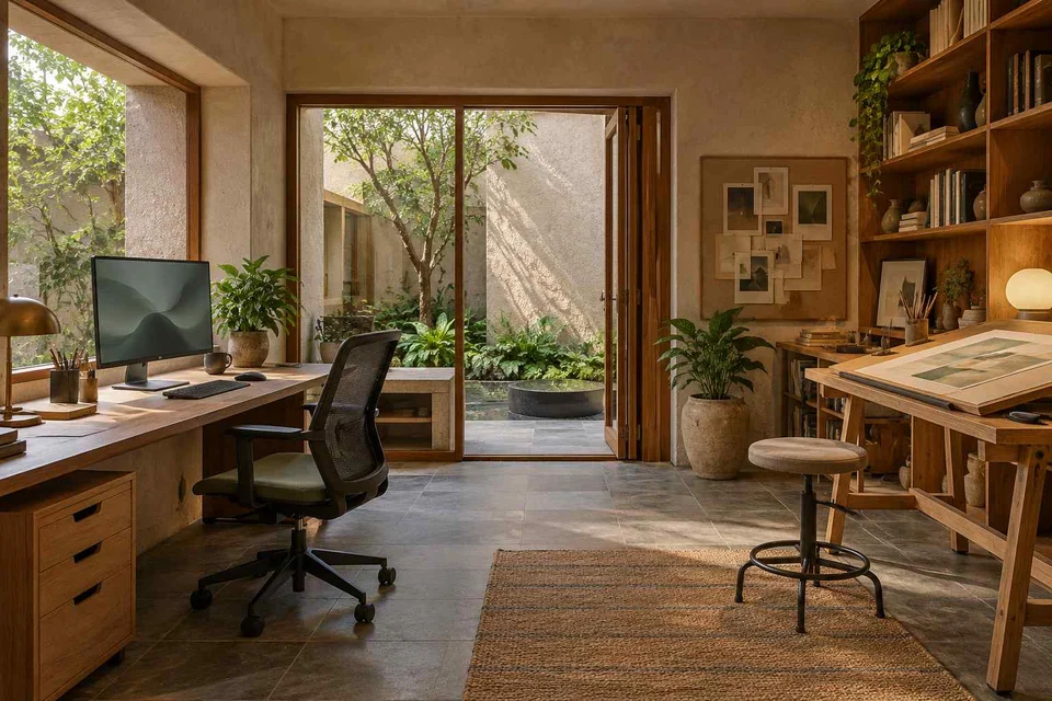AI-generated home office concept: creative work studio, courtyard modern direction