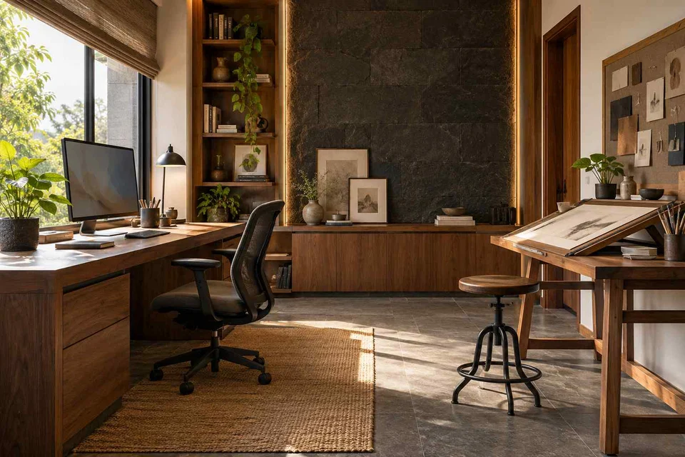 AI-generated home office concept: creative work studio, deccan stone direction