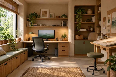 AI-generated home office concept: creative work studio, earth and bamboo direction