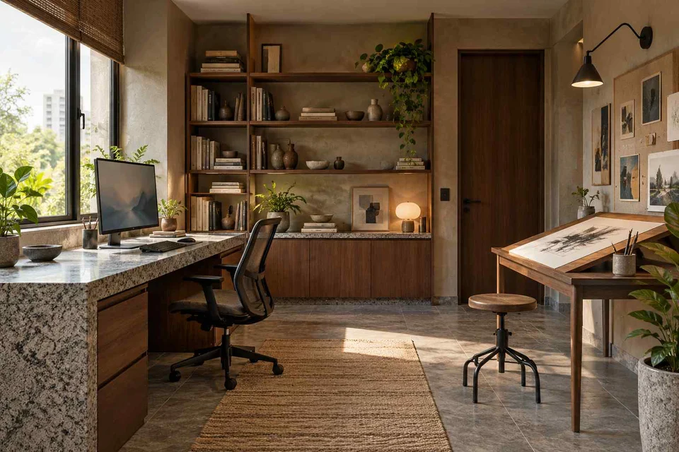 AI-generated home office concept: creative work studio, granite precision direction