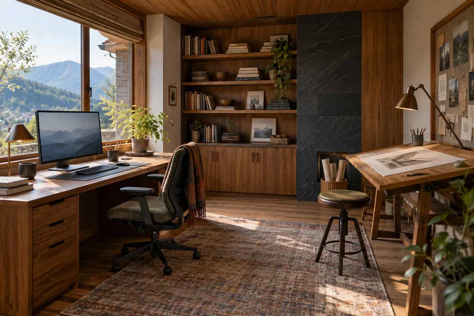 AI-generated home office concept: creative work studio, hill timber direction