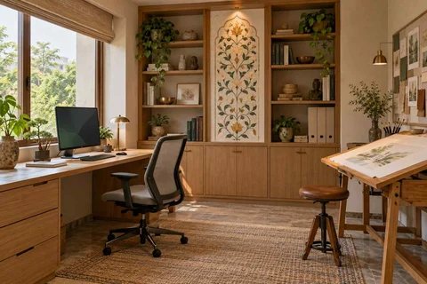 AI-generated home office concept: creative work studio, inlay atelier direction