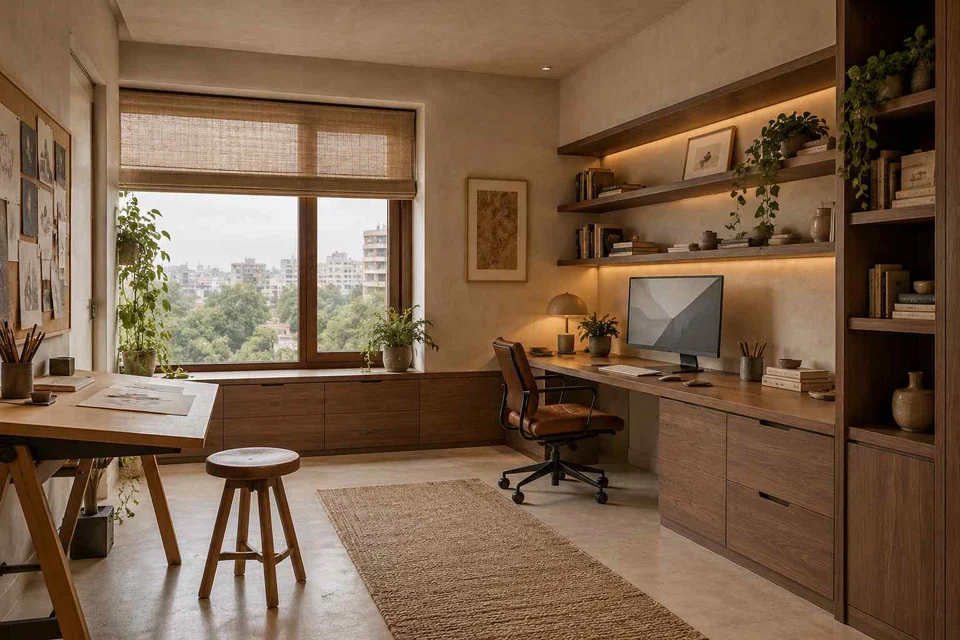 AI-generated home office concept: creative work studio, lime and walnut direction
