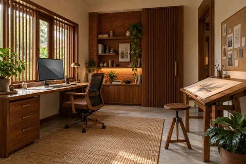 AI-generated home office concept: creative work studio, malabar timber direction