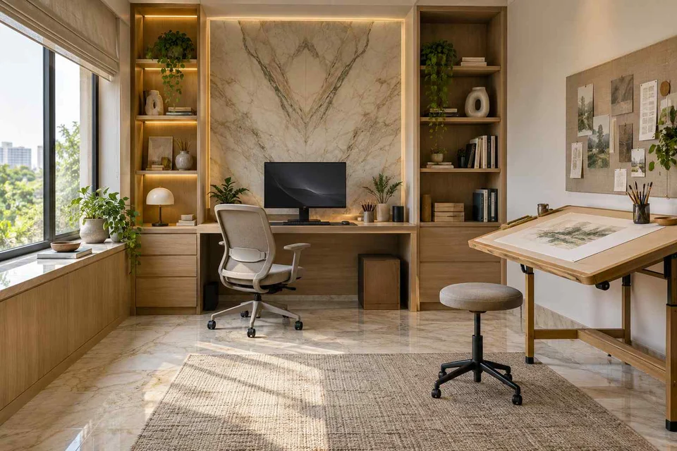 AI-generated home office concept: creative work studio, marble restraint direction