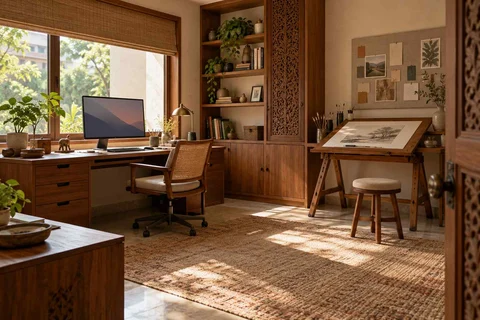 AI-generated home office concept: creative work studio, modern carved direction