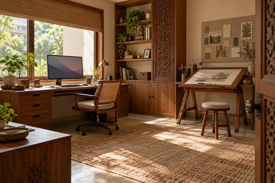 AI-generated home office concept: creative work studio, modern carved direction