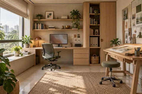 AI-generated home office concept: creative work studio, quiet contemporary direction