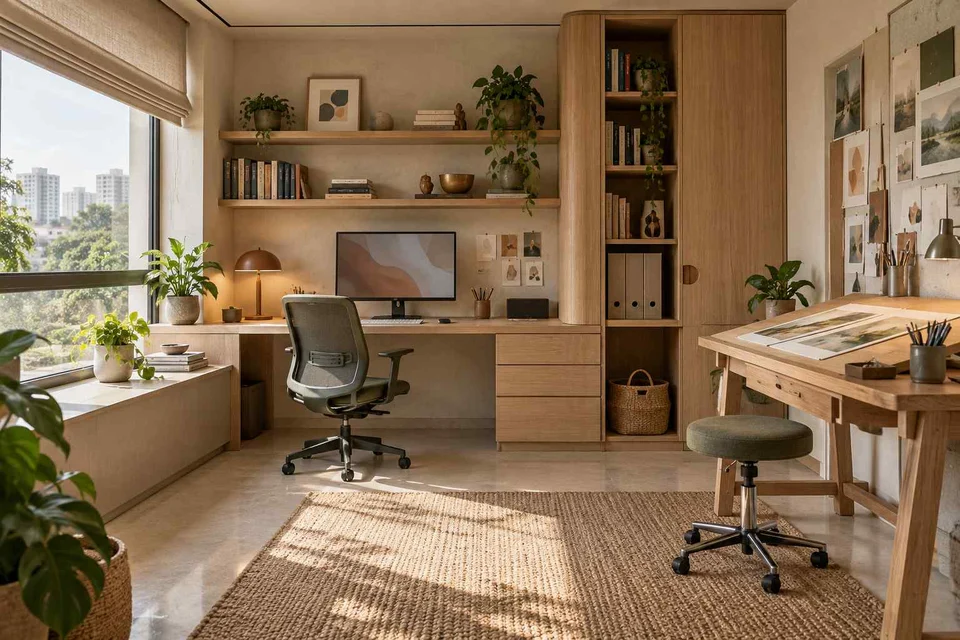 AI-generated home office concept: creative work studio, quiet contemporary direction