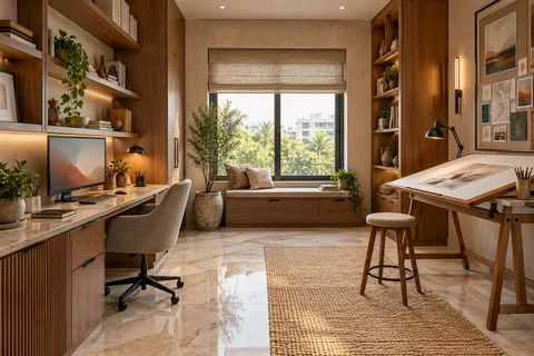 AI-generated home office concept: creative work studio, quiet transitional direction