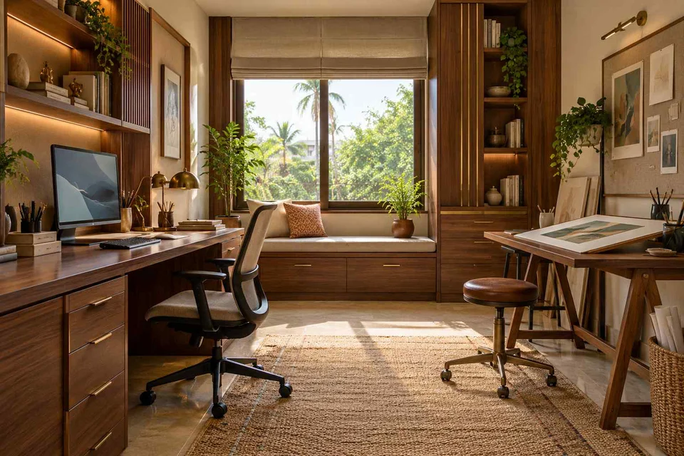 AI-generated home office concept: creative work studio, rosewood brass direction