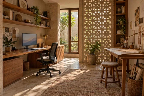 AI-generated home office concept: creative work studio, sandstone lattice direction