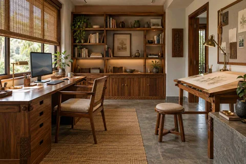 AI-generated home office concept: creative work studio, teak craft direction