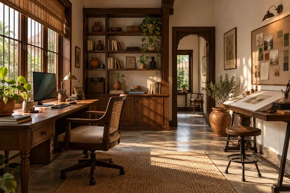 AI-generated home office concept: creative work studio, terracotta heritage direction