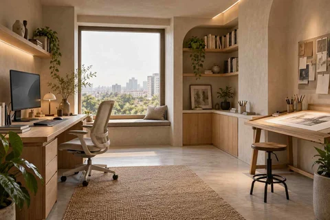 AI-generated home office concept: creative work studio, textured mineral direction