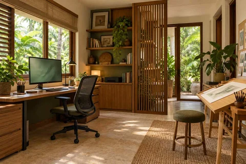 AI-generated home office concept: creative work studio, tropical slatted direction