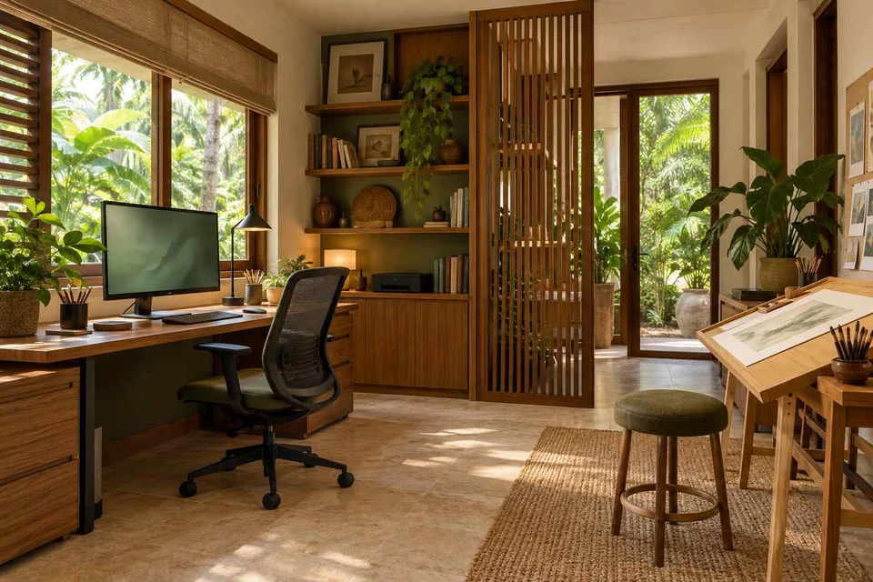 AI-generated home office concept: creative work studio, tropical slatted direction