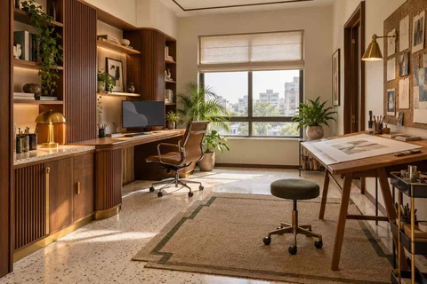 AI-generated home office concept: creative work studio, urban deco direction