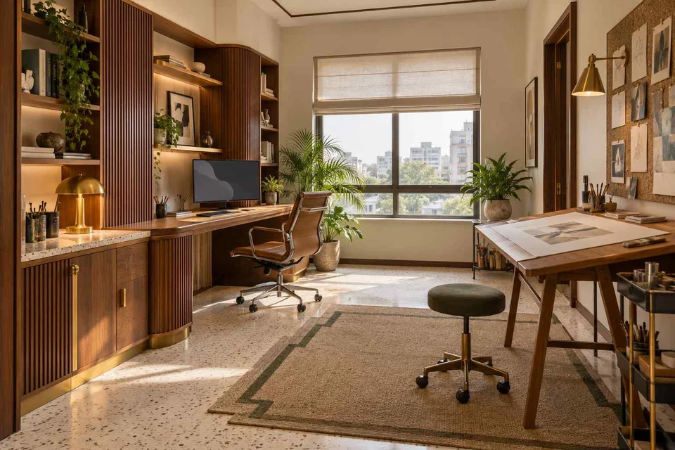 AI-generated home office concept: creative work studio, urban deco direction