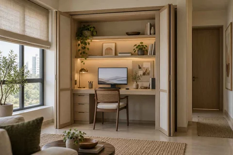 AI-generated home office concept: cupboard workstation, ash and linen direction