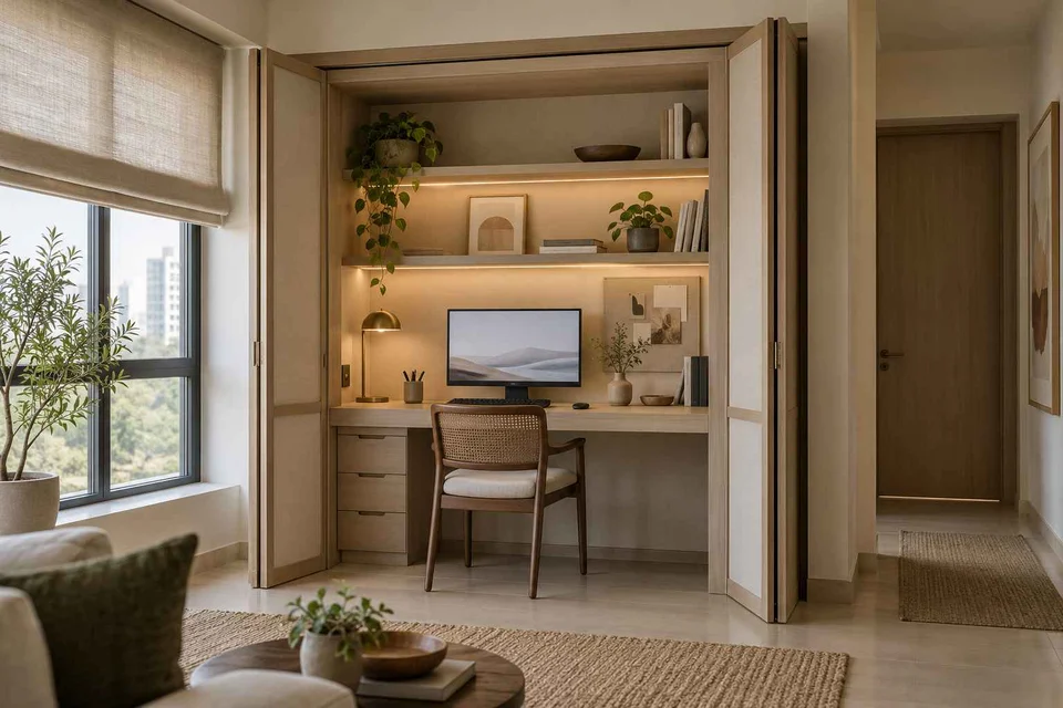AI-generated home office concept: cupboard workstation, ash and linen direction