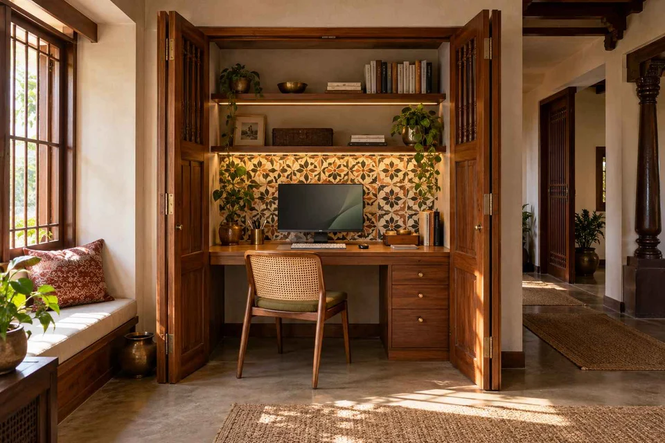 AI-generated home office concept: cupboard workstation, chettinad tile direction