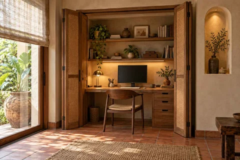 AI-generated home office concept: cupboard workstation, clay artisan direction