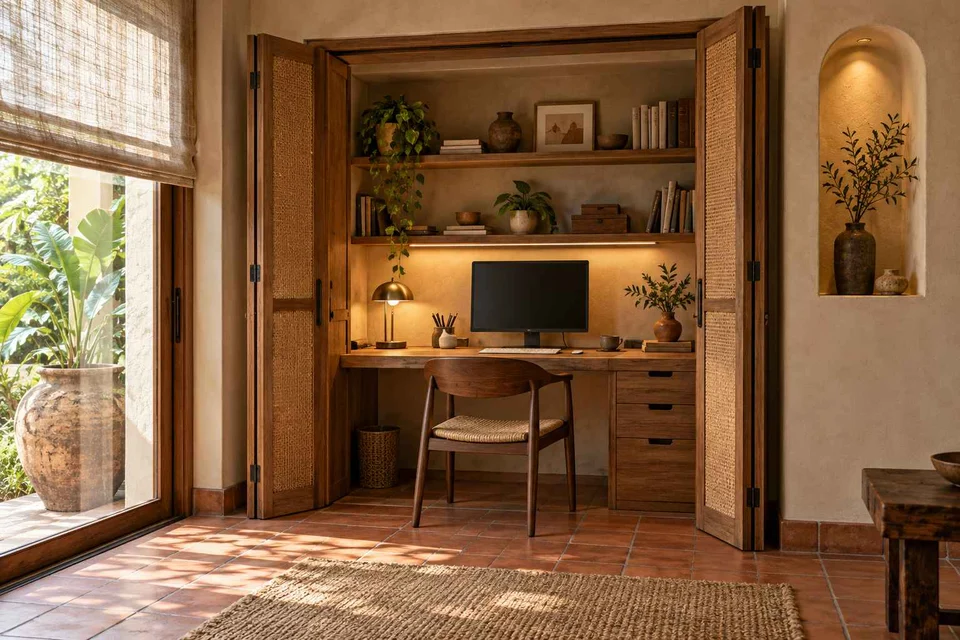 AI-generated home office concept: cupboard workstation, clay artisan direction