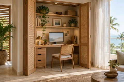 AI-generated home office concept: cupboard workstation, coastal woven direction
