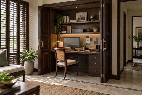 AI-generated home office concept: cupboard workstation, colonial quiet direction