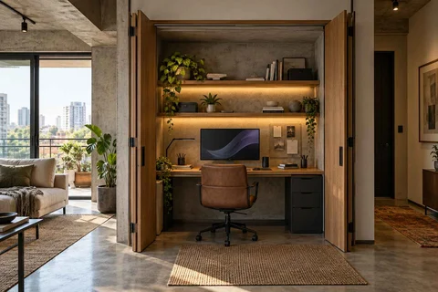 AI-generated home office concept: cupboard workstation, concrete and oak direction