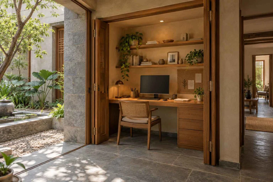 AI-generated home office concept: cupboard workstation, courtyard modern direction